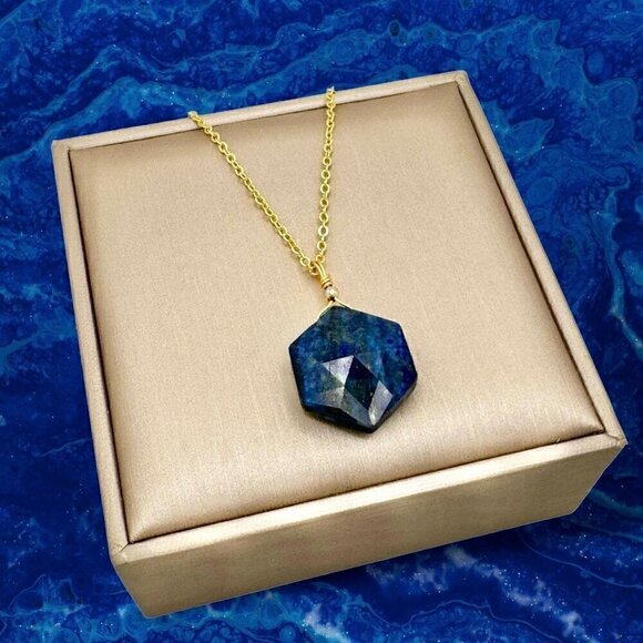 NWT Lapis Lazuli Hexagon Pendant Necklace 14K Gold Plated Genuine 18” - Picture 3 of 11